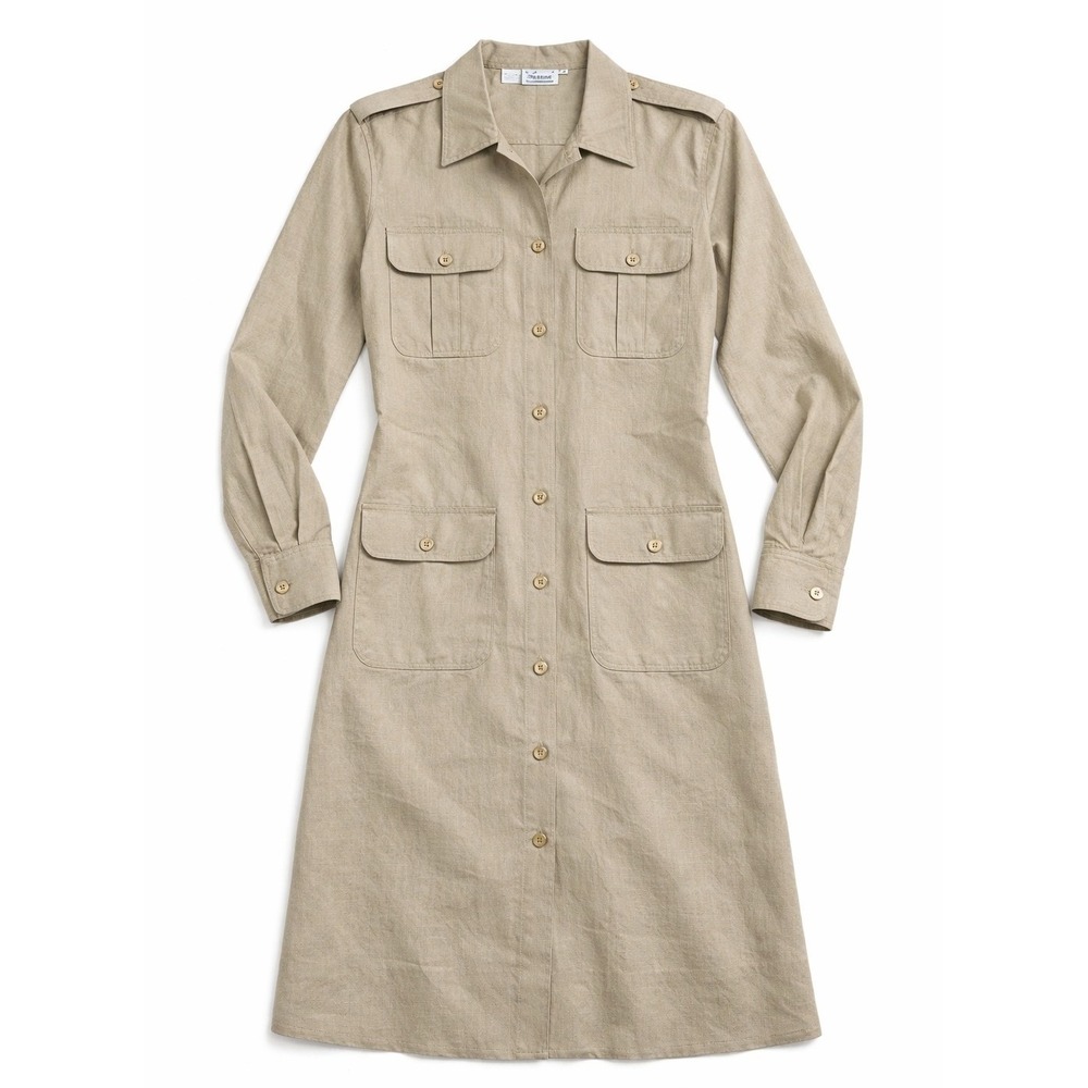 Vtg 90s Kenar 100% Linen Safari Shirt Dress Women 10 Khaki Tan Beige Pockets